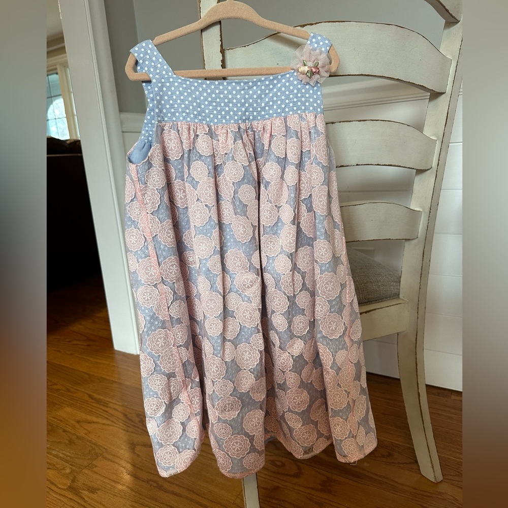 Pippa and Julie size 6 tank top dress light blue linen and pink lace overlay.